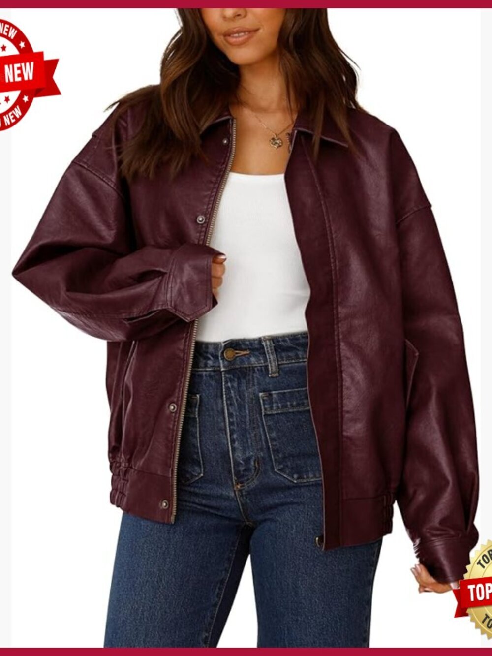 Faux Leather Motorcycle Jacket Oversized Zip Up Winter Coat Women's Outerwear